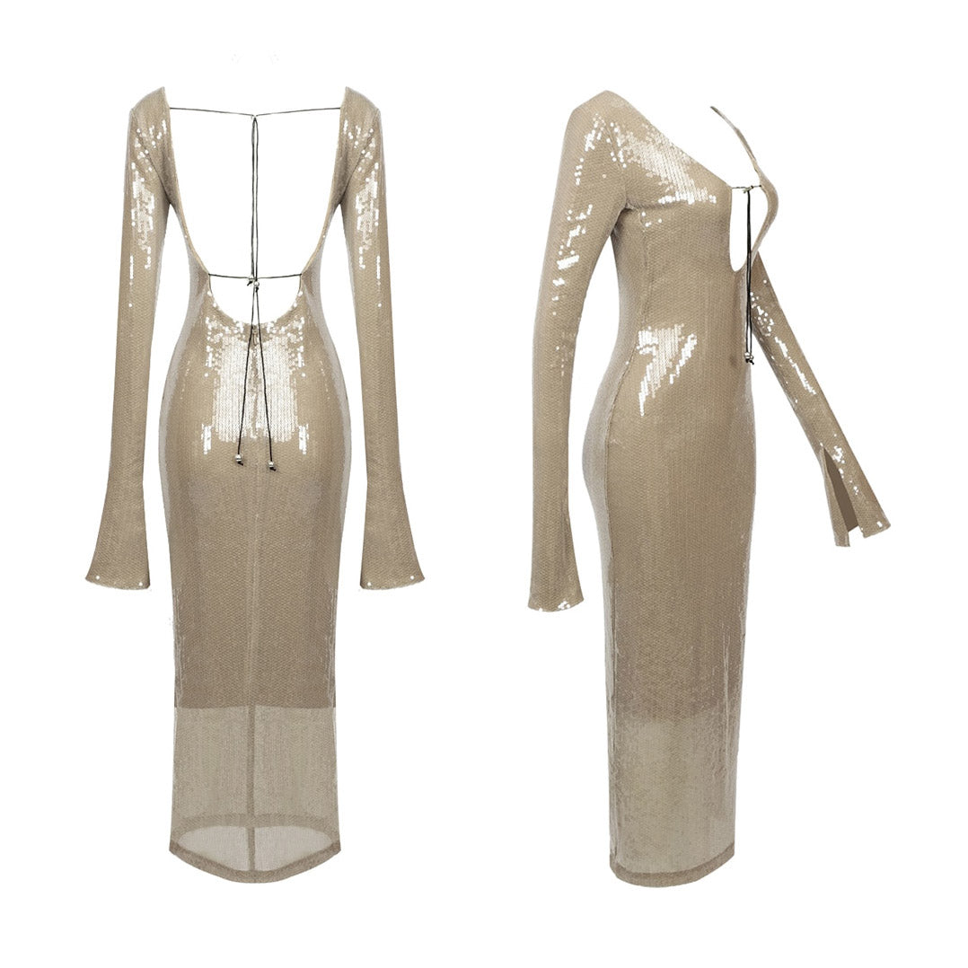 HAILEY LONG SLEEVE SEQUINS BACKLESS MIDI DRESS