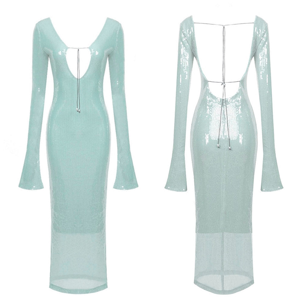 HAILEY LONG SLEEVE SEQUINS BACKLESS MIDI DRESS