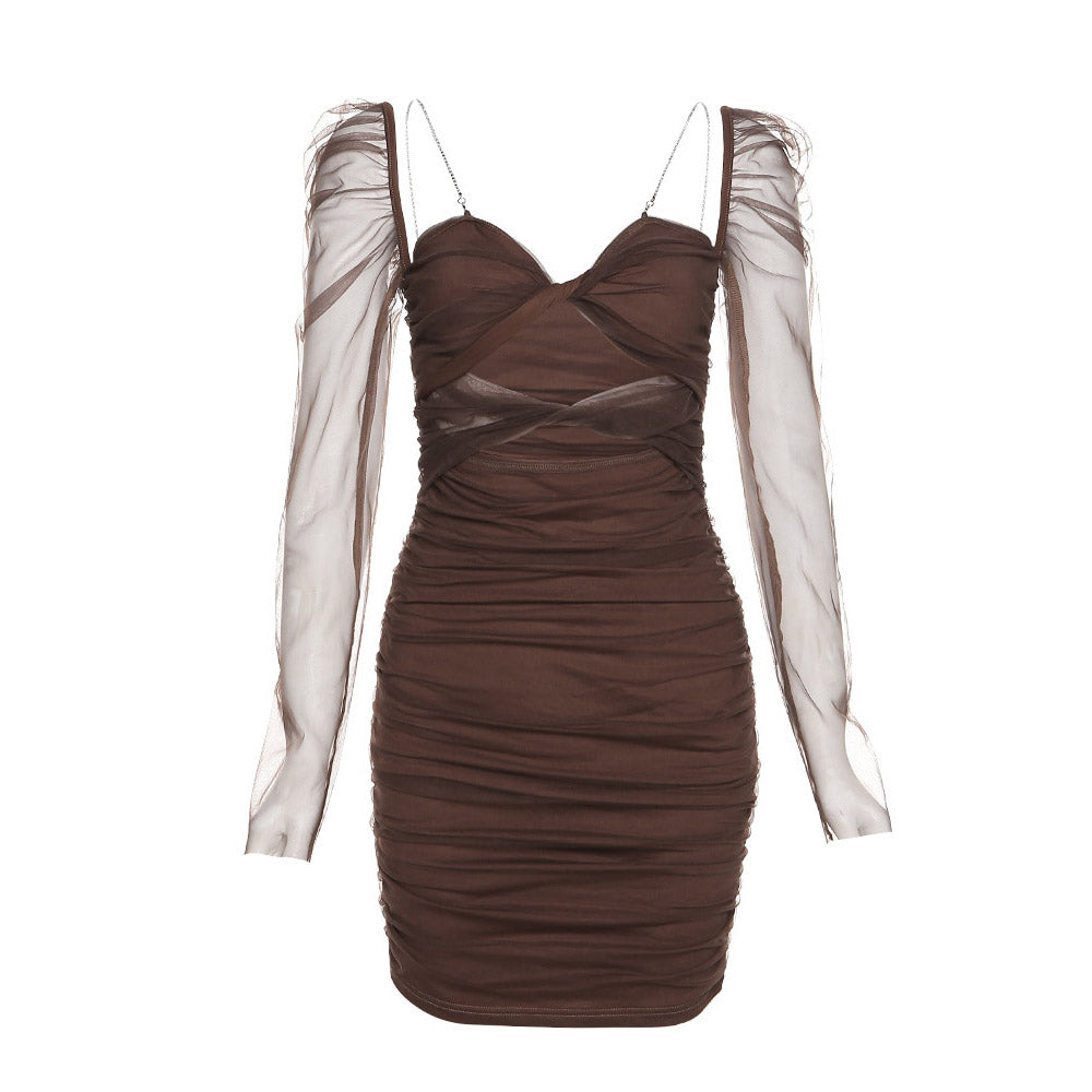 ALAINA AUBURN MESH LONG SLEEVE MINI DRESS
