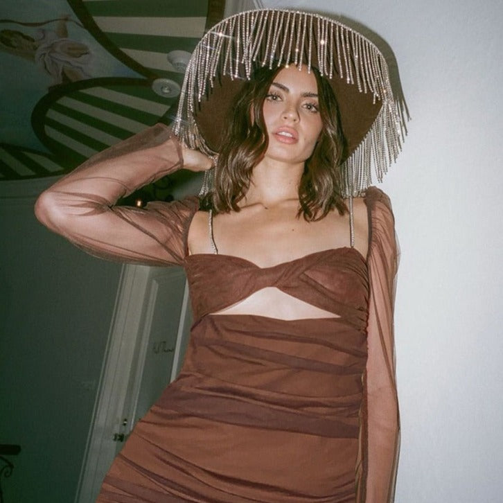 ALAINA AUBURN MESH LONG SLEEVE MINI DRESS