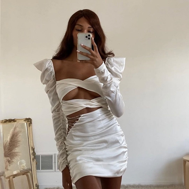 TORI RUCHED HOLOW OUT MINI DRESS