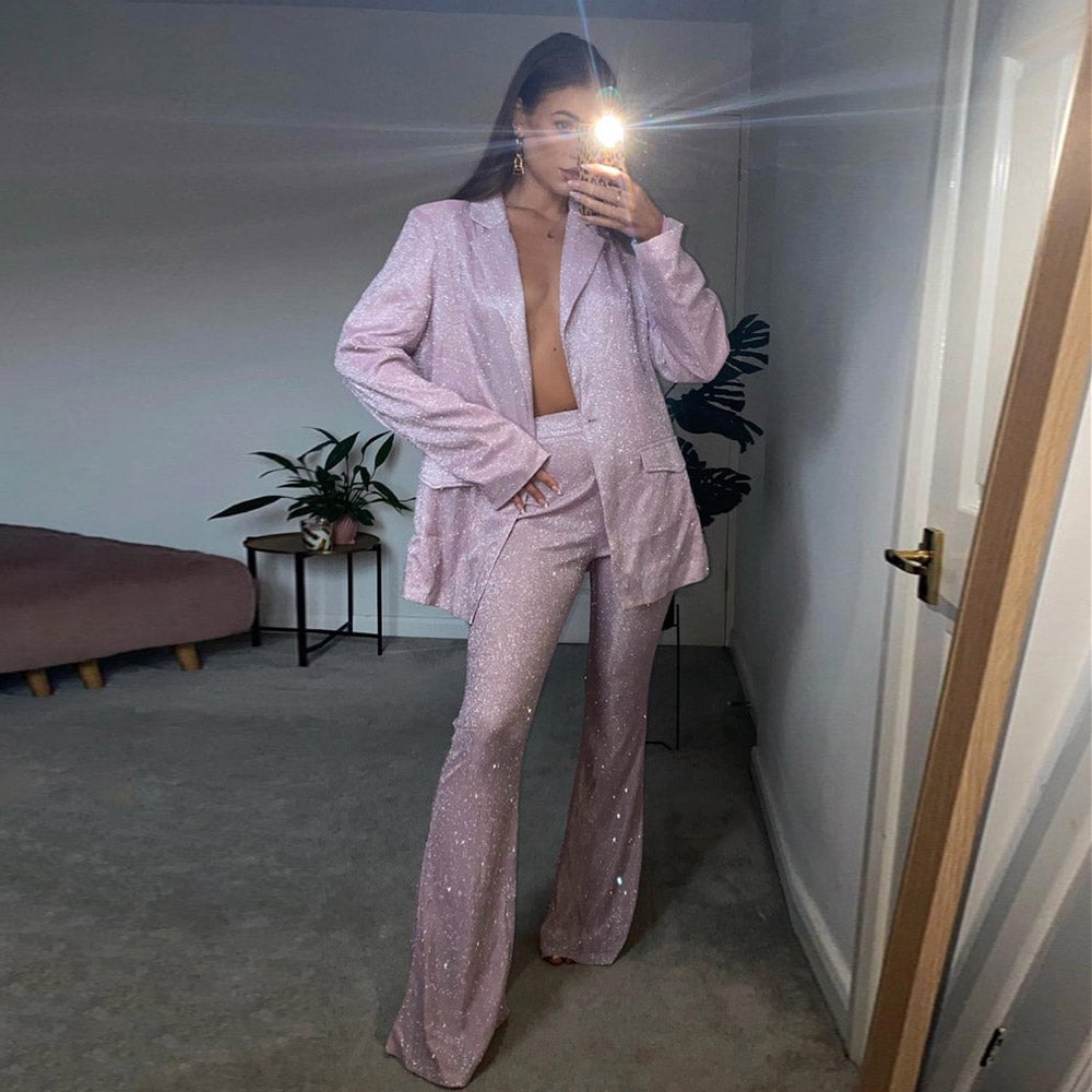 Glitter Long Sleeve Top & Pants Set – Women's Sparkle Two-Piece in Black main image 1
