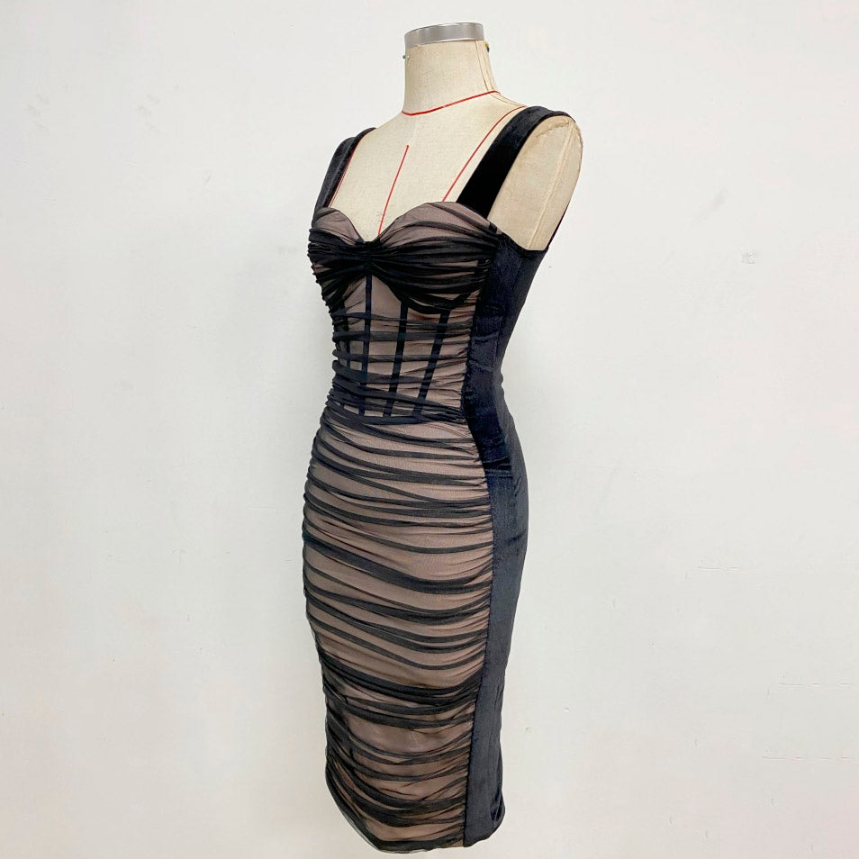HOLLAND PLEATED CORSET BODYCON MIDI DRESS