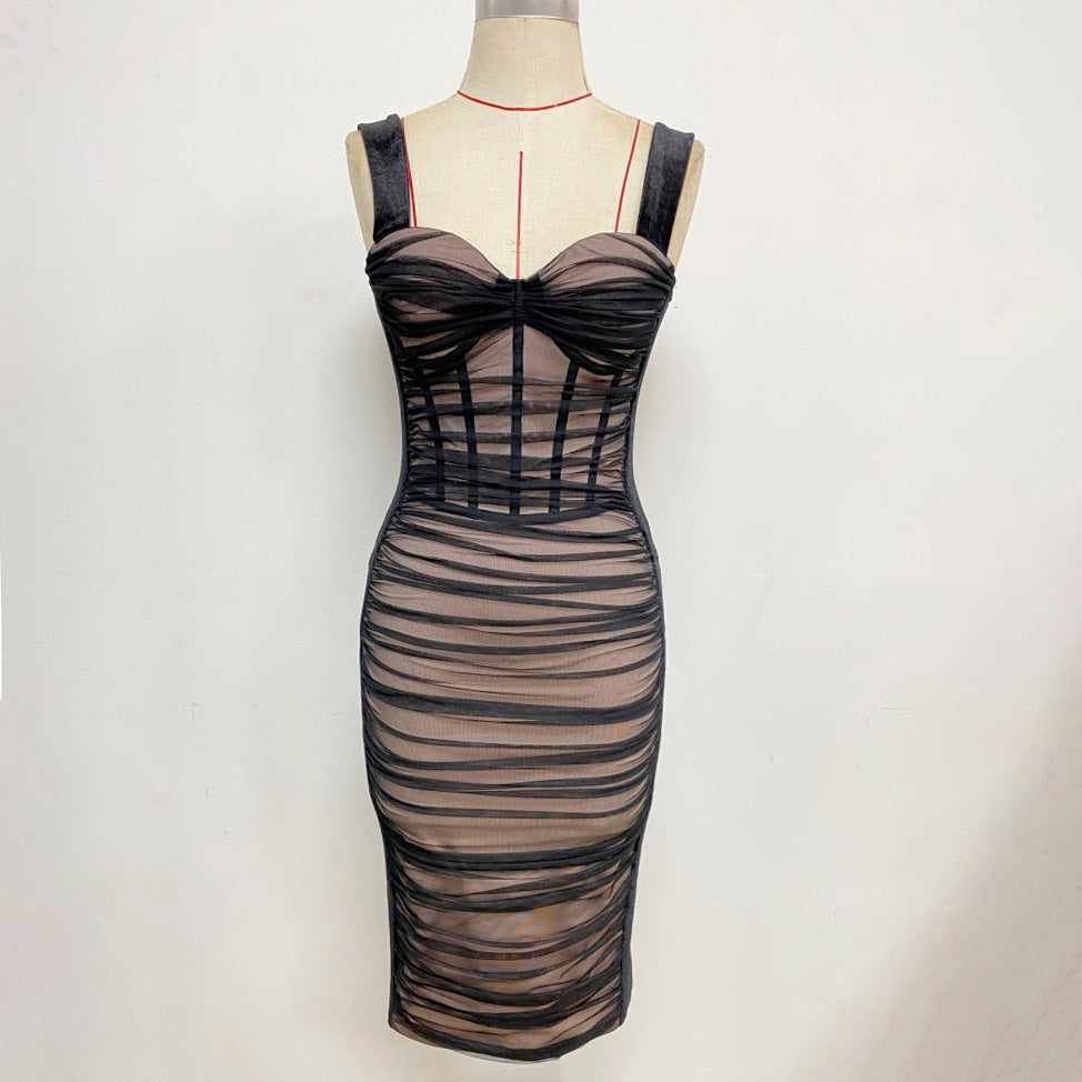 HOLLAND PLEATED CORSET BODYCON MIDI DRESS
