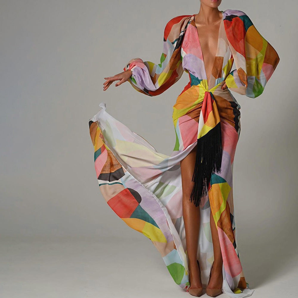 KINSLEE LONG SLEEVE MAXI DRESS with V NECK