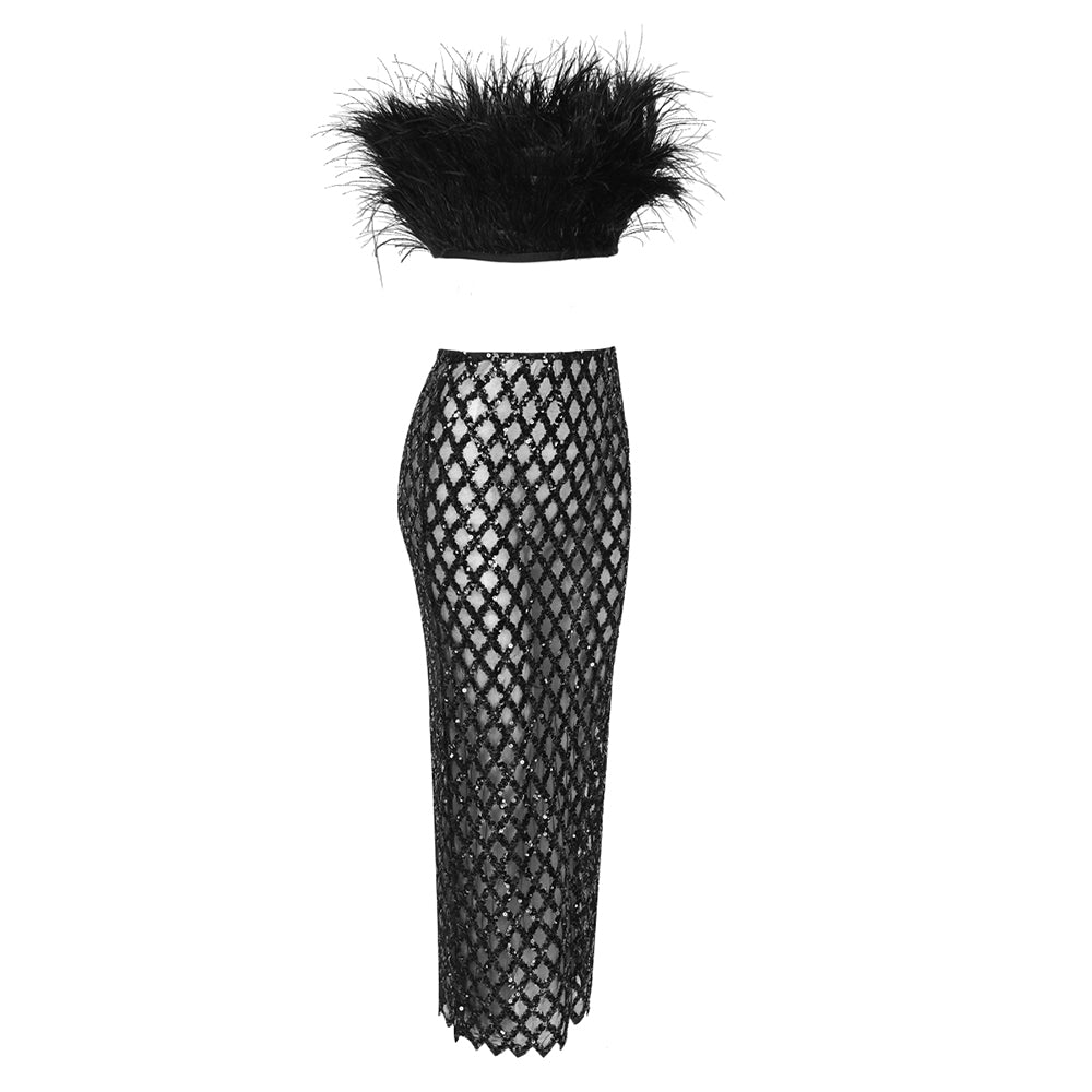 TIANA FEATHER TOP and GLITTER SKIRT SET