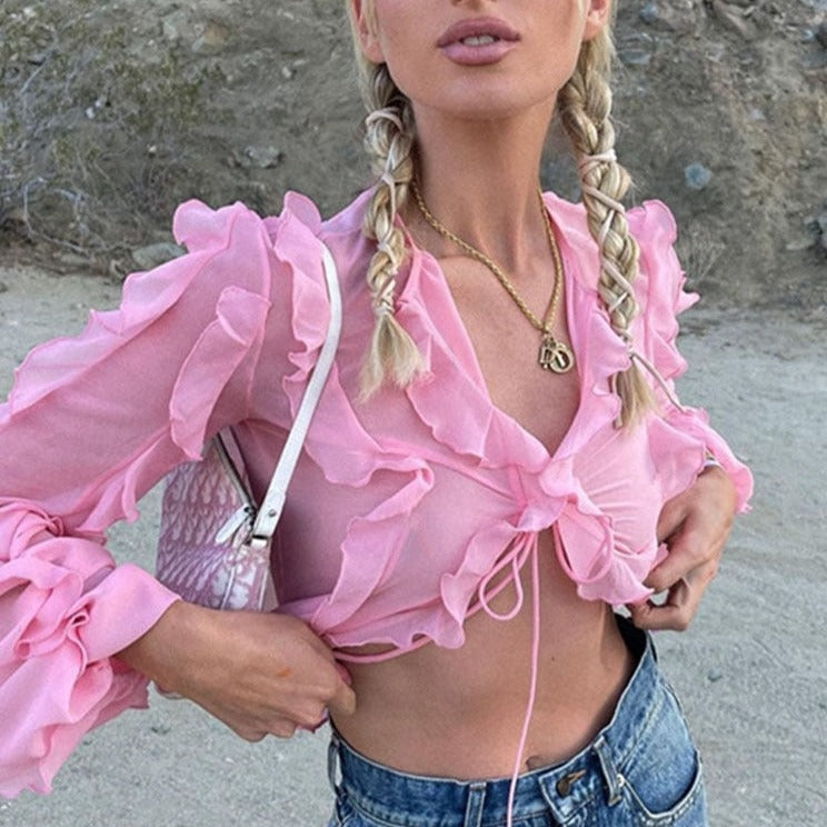 YARETZI RUFFLES PINK TIE UP BLOUSE