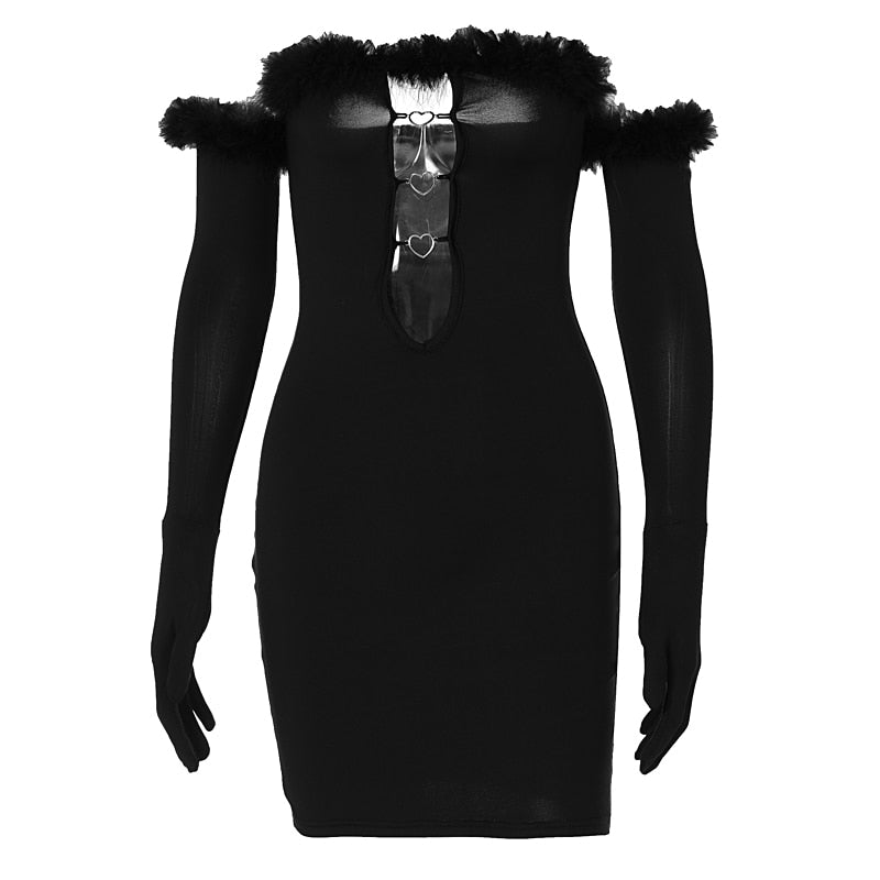 JENNIFER FEATHER DECORATED MINI DRESS with GLOVES