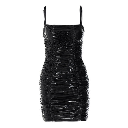 KYLIE PU LEATHER MINI BLACK DRESS