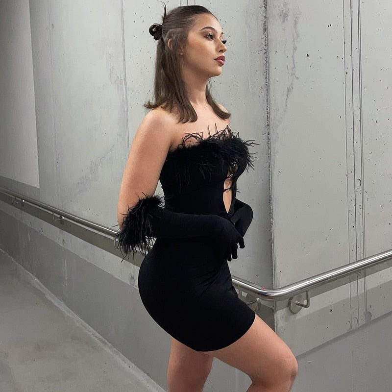 JENNIFER FEATHER DECORATED MINI DRESS with GLOVES