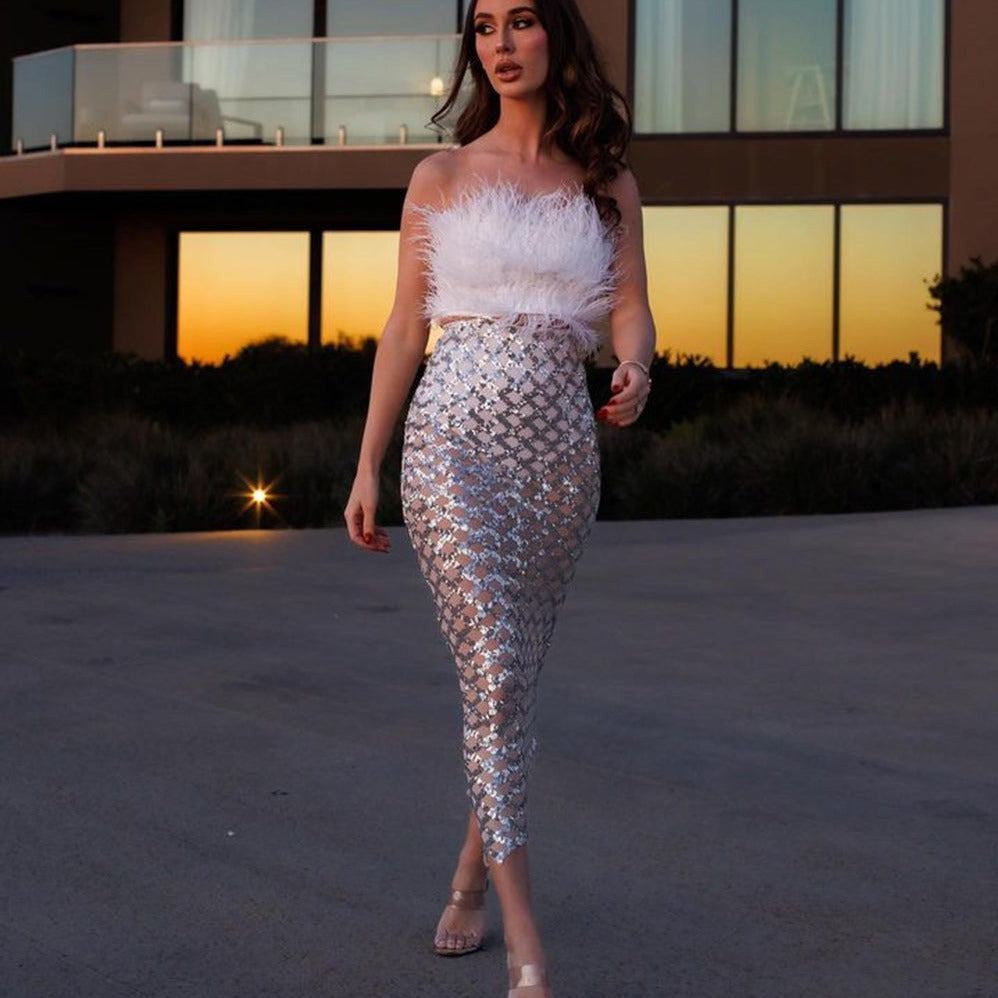 TIANA FEATHER TOP and GLITTER SKIRT SET