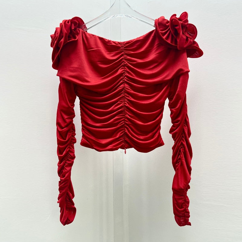 JANELLE FLOWER RUCHED HOLLOW OUT LONG SLEEVE TOP