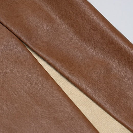 LEIGHTO PU LEATHER SIDE SLIT BROWN MIDI DRESS