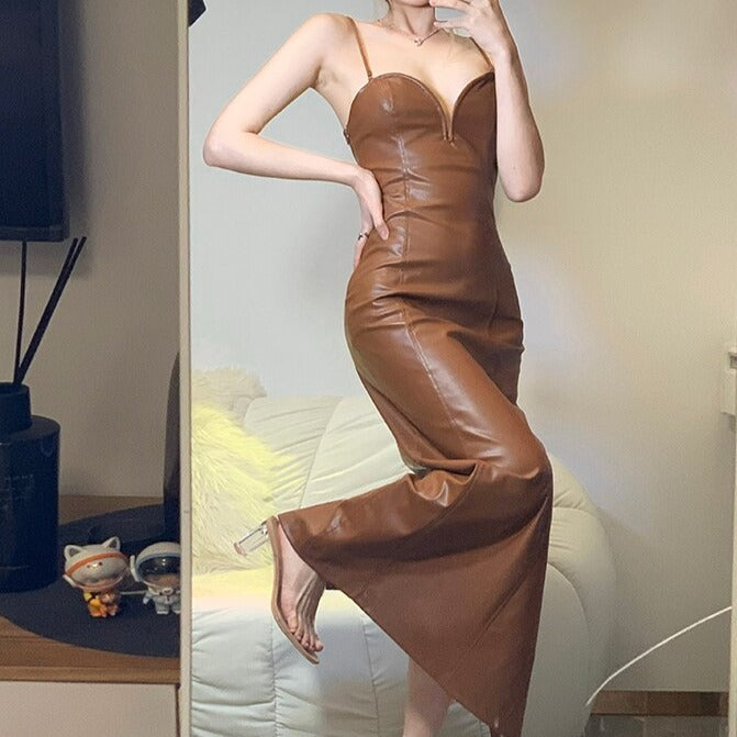 LEIGHTO PU LEATHER SIDE SLIT BROWN MIDI DRESS