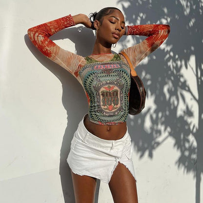 KALIYAH PRINTED MESH LONG SLEEVE T SHORT