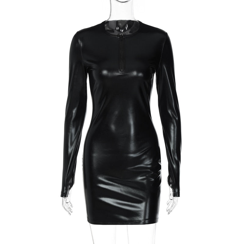 KYLIE BLACK PU LEATHER LONG SLEEVE MINI DRESS
