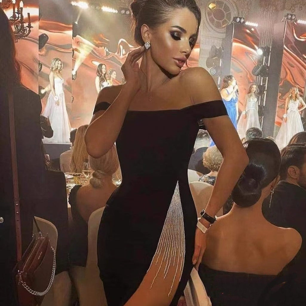SAVANNA ONE SHOULDER SIDE SLIT MIDI DRESS