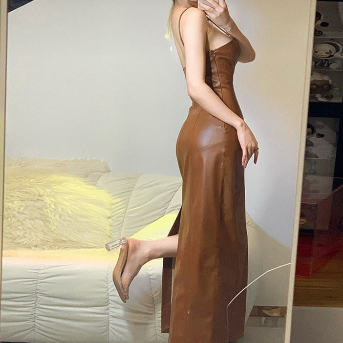 LEIGHTO PU LEATHER SIDE SLIT BROWN MIDI DRESS