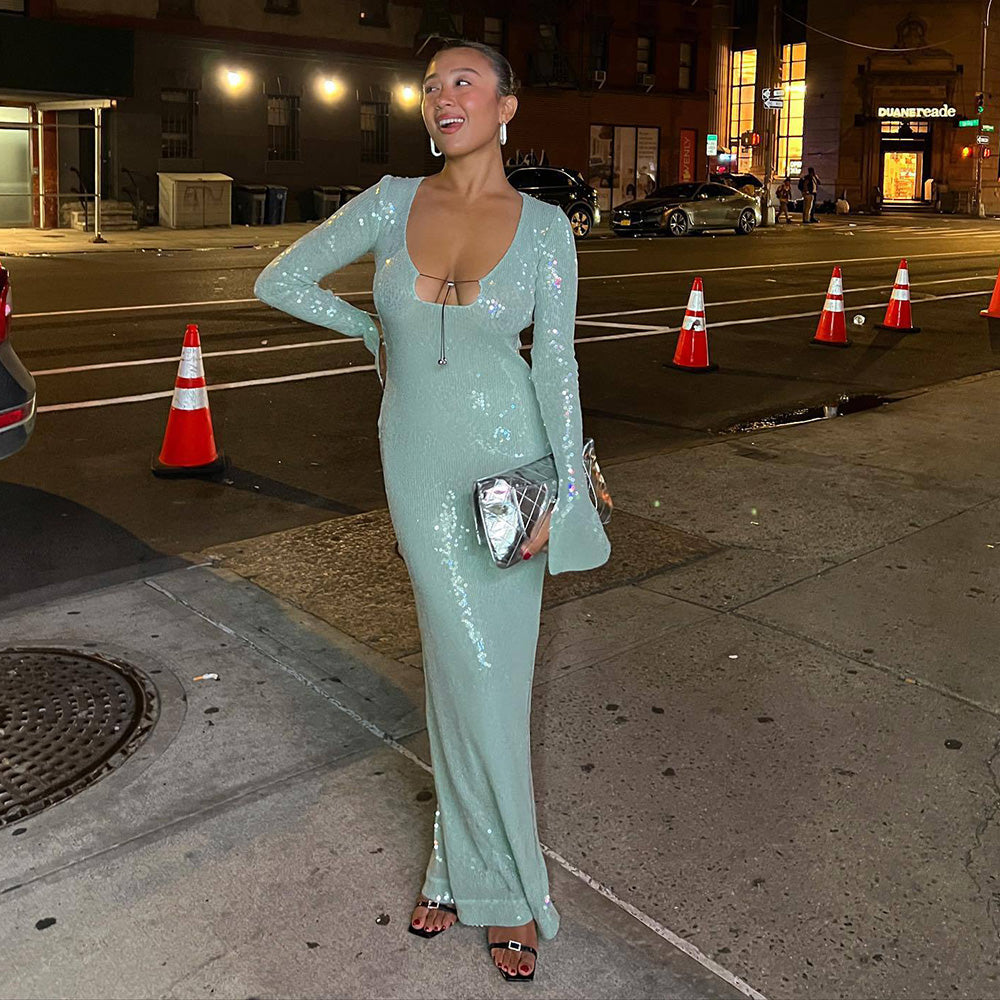 HAILEY LONG SLEEVE SEQUINS BACKLESS MIDI DRESS