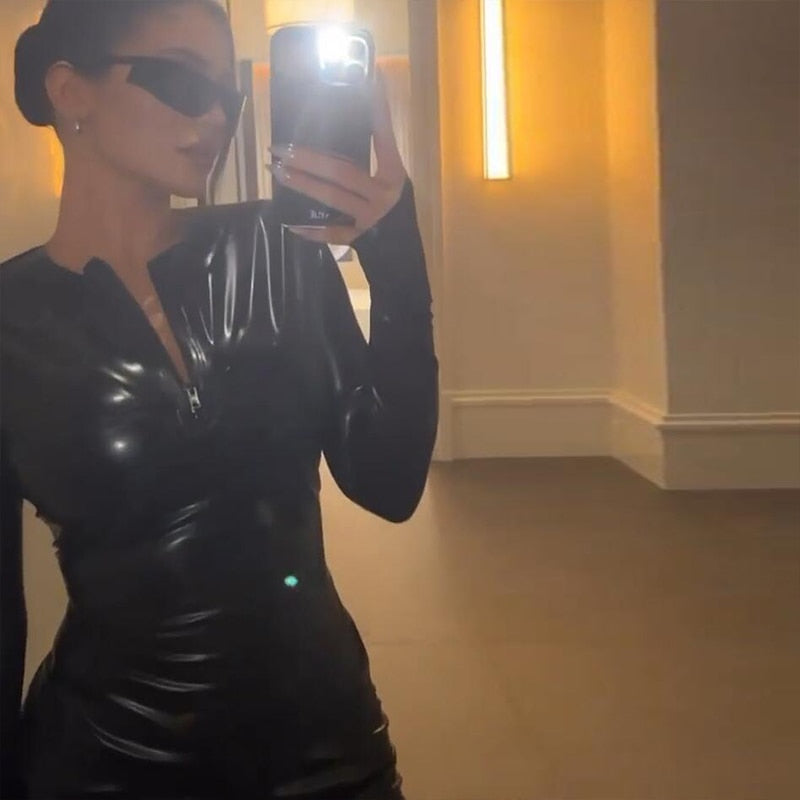 KYLIE BLACK PU LEATHER LONG SLEEVE MINI DRESS