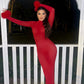 PEMMA RED MAXI FEATHER SLEEVE DRESS
