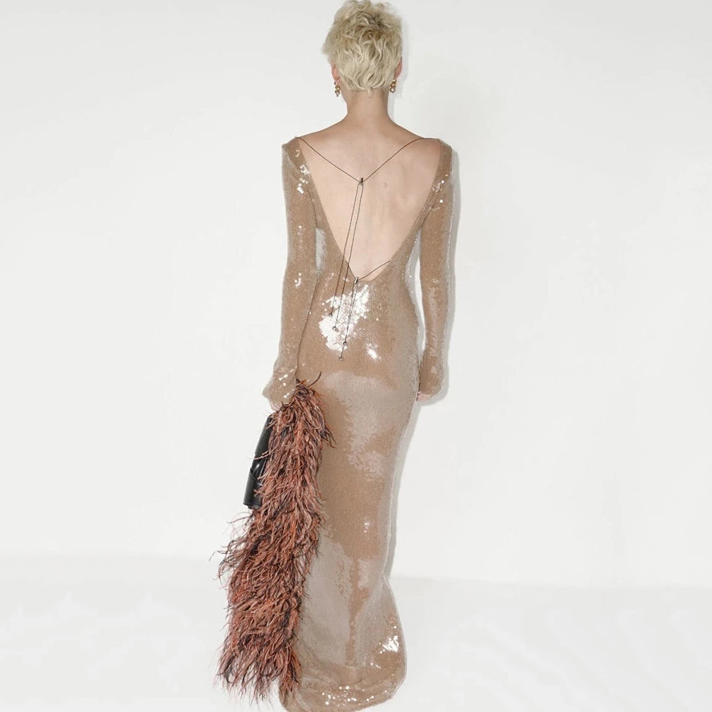 HAILEY LONG SLEEVE SEQUINS BACKLESS MIDI DRESS