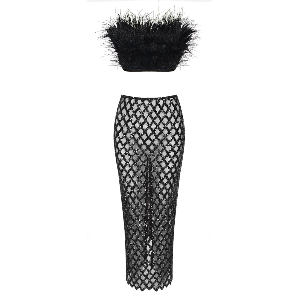 TIANA FEATHER TOP and GLITTER SKIRT SET