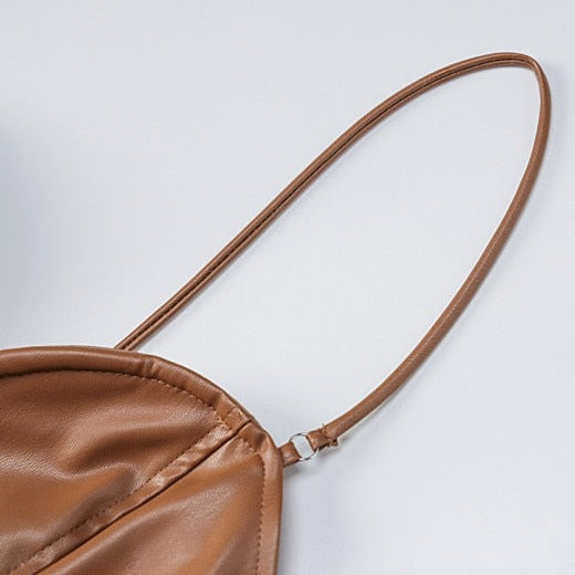 LEIGHTO PU LEATHER SIDE SLIT BROWN MIDI DRESS