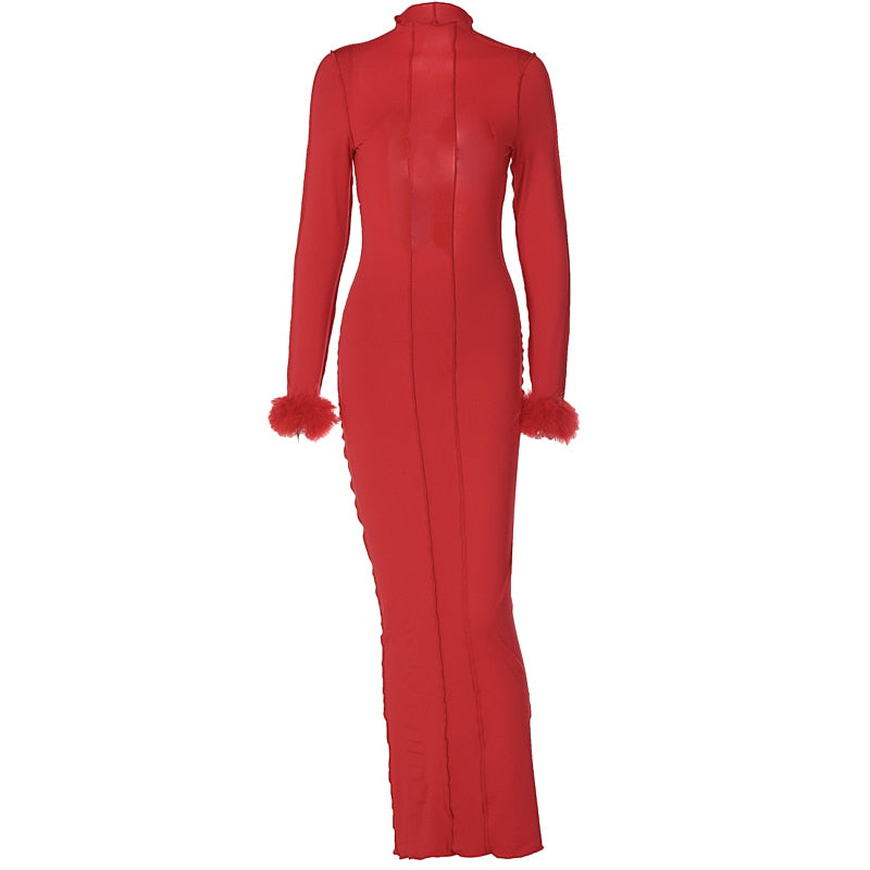 PEMMA RED MAXI FEATHER SLEEVE DRESS