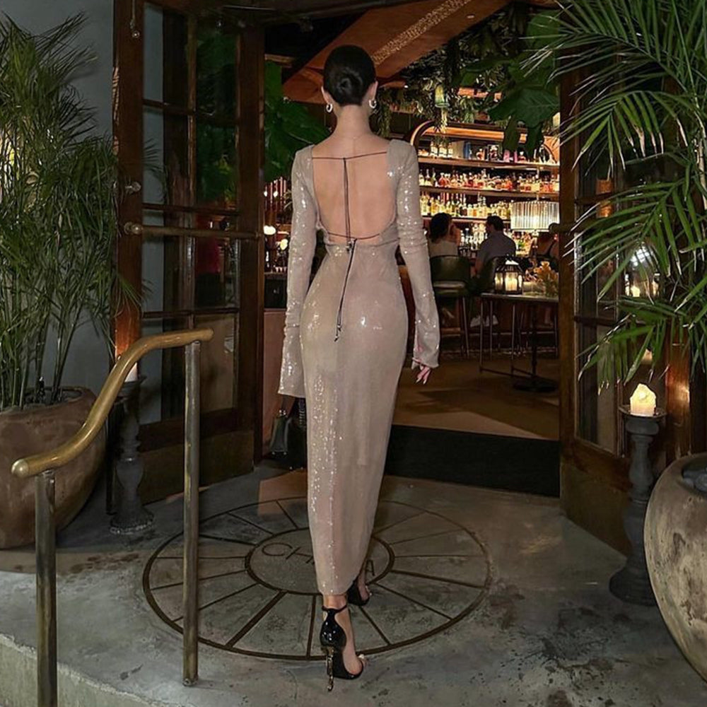 HAILEY LONG SLEEVE SEQUINS BACKLESS MIDI DRESS