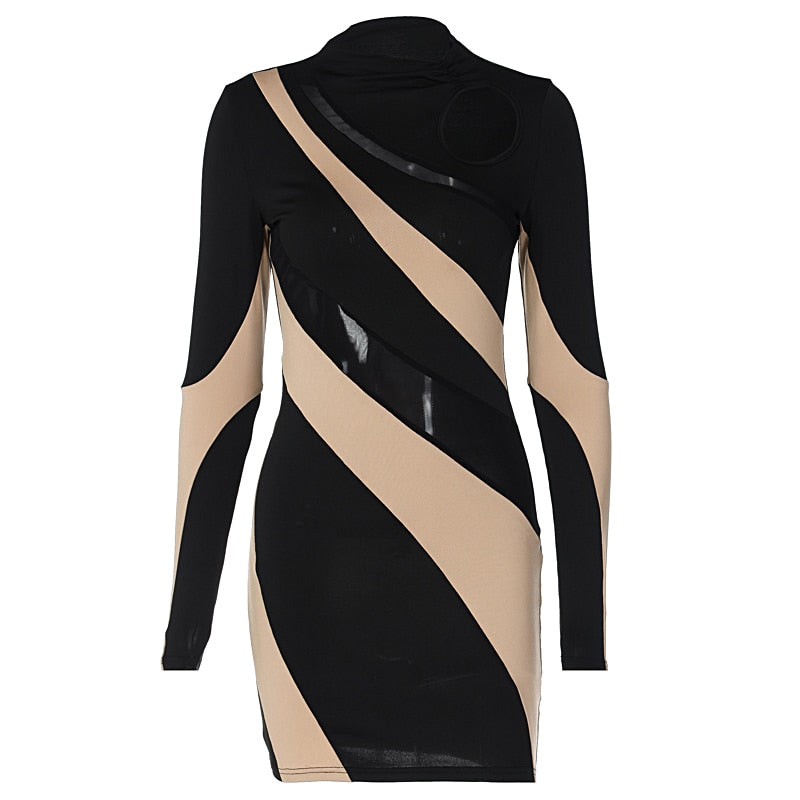 ZARIYAH MESH STRIPES LONG SLEEVE MINI DRESS