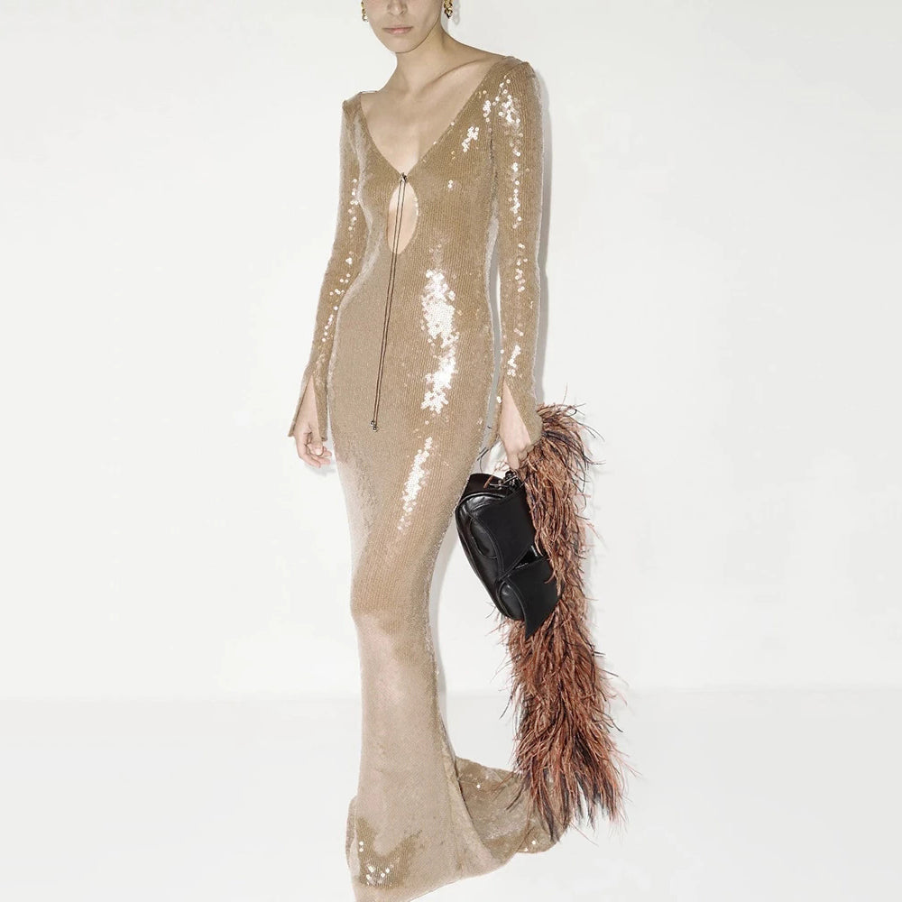 HAILEY LONG SLEEVE SEQUINS BACKLESS MIDI DRESS