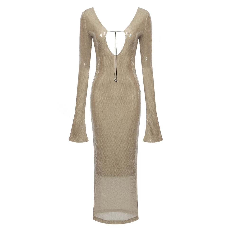 HAILEY LONG SLEEVE SEQUINS BACKLESS MIDI DRESS