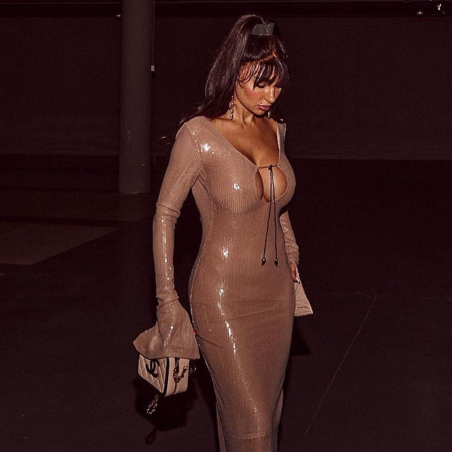 HAILEY LONG SLEEVE SEQUINS BACKLESS MIDI DRESS