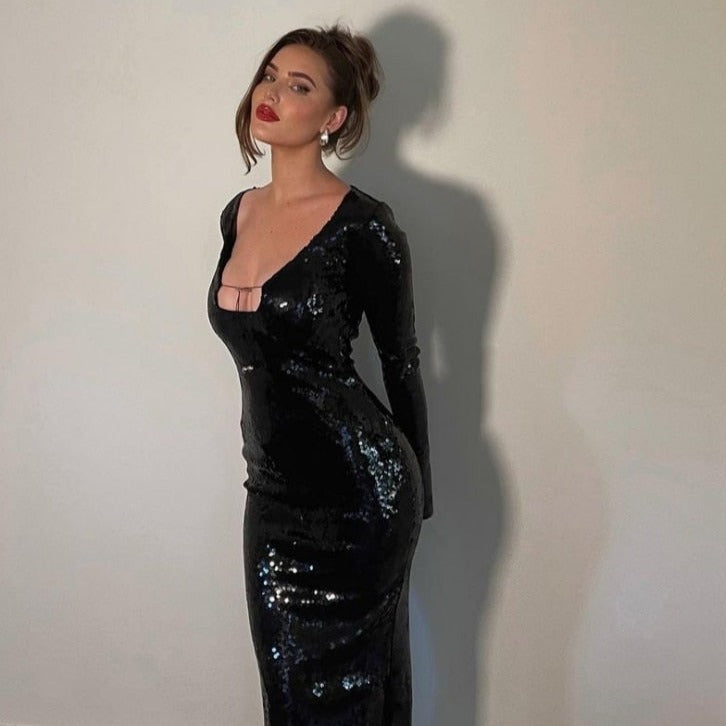HAILEY LONG SLEEVE SEQUINS BACKLESS MIDI DRESS