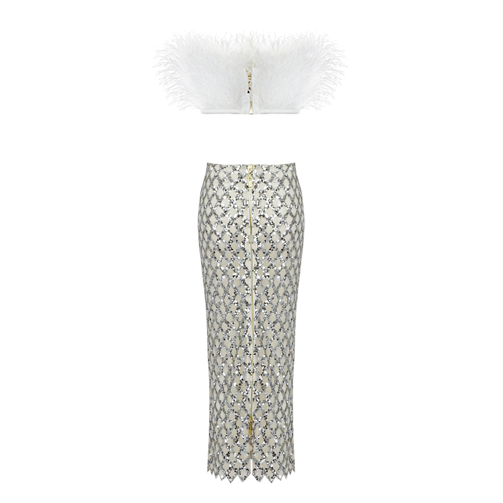 TIANA FEATHER TOP and GLITTER SKIRT SET