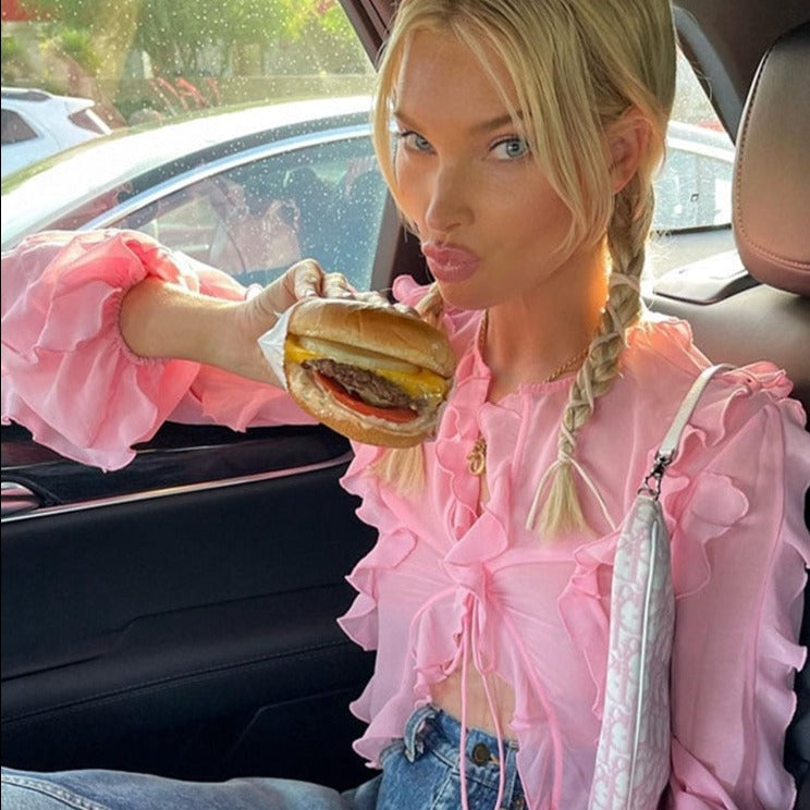 YARETZI RUFFLES PINK TIE UP BLOUSE