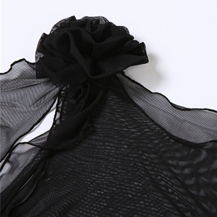 KATALINA MESH RUFFLE FLOWER DECORATED TOP