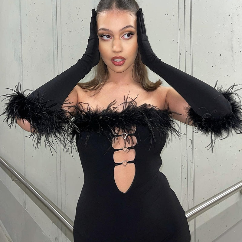 JENNIFER FEATHER DECORATED MINI DRESS with GLOVES