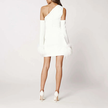 ALONDRA FEATHERS SLEEVE ONE SHOULDER MINI DRESS