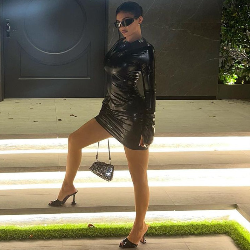KYLIE BLACK PU LEATHER LONG SLEEVE MINI DRESS
