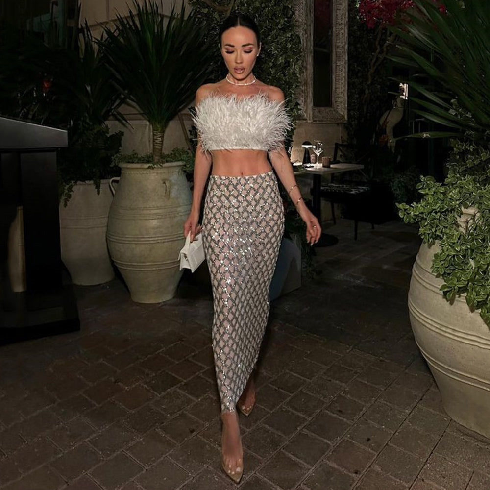TIANA FEATHER TOP and GLITTER SKIRT SET