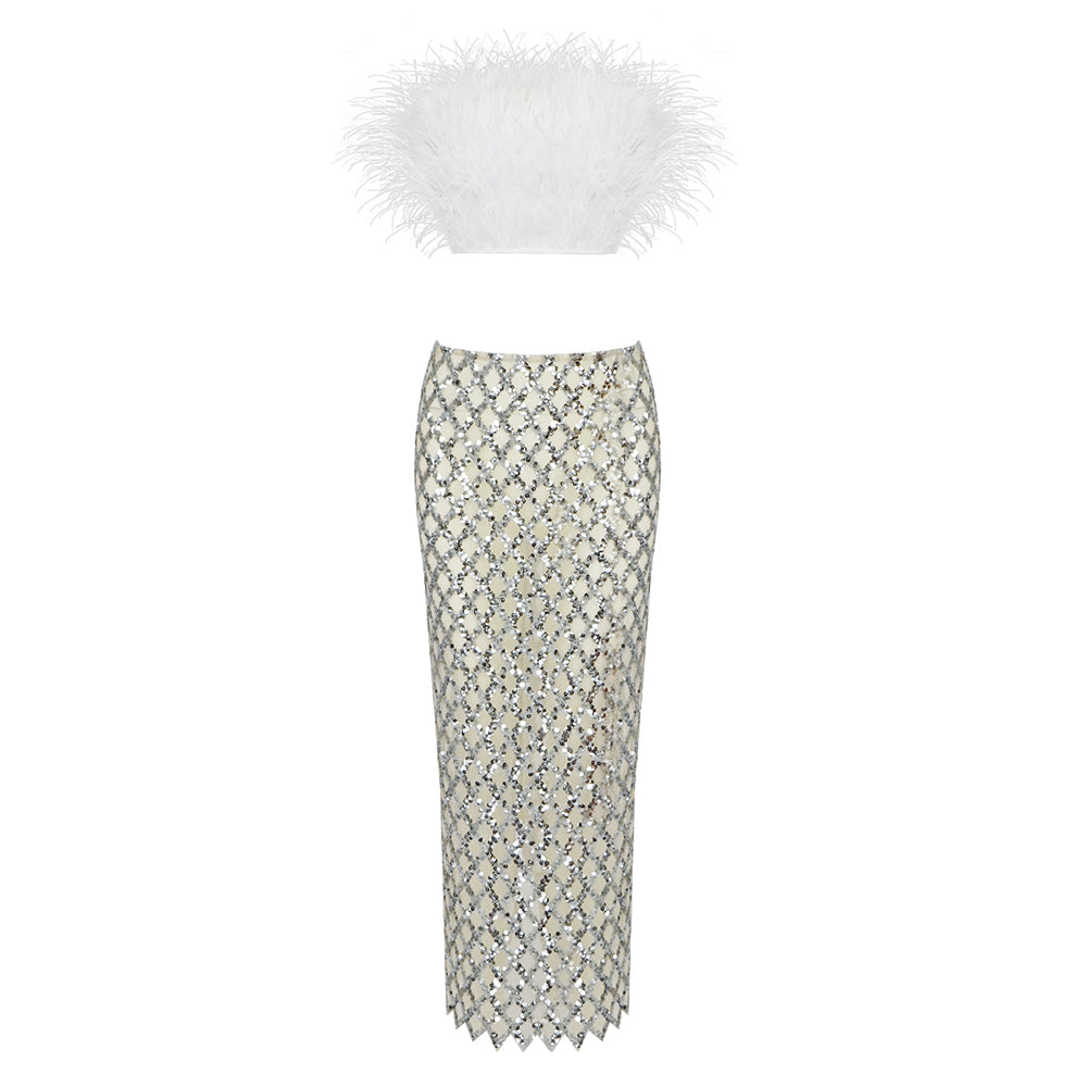 TIANA FEATHER TOP and GLITTER SKIRT SET