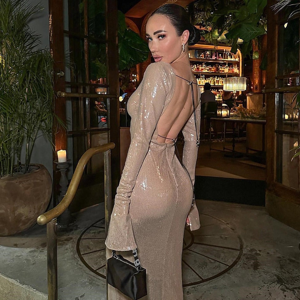 HAILEY LONG SLEEVE SEQUINS BACKLESS MIDI DRESS