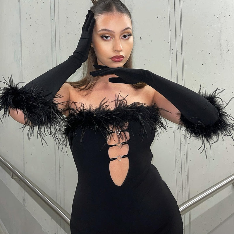JENNIFER FEATHER DECORATED MINI DRESS with GLOVES