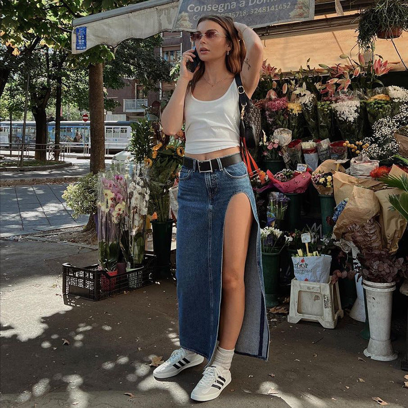 EMERIE LOW WAIST SIDE SLIT DENIM MAXI SKIRT