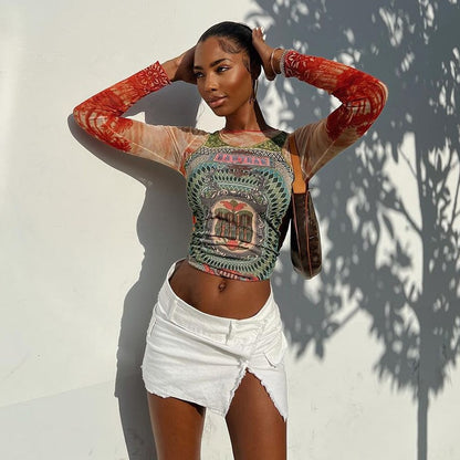 KALIYAH PRINTED MESH LONG SLEEVE T SHORT