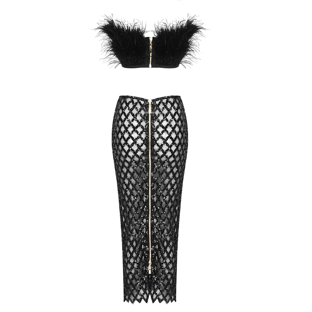 TIANA FEATHER TOP and GLITTER SKIRT SET