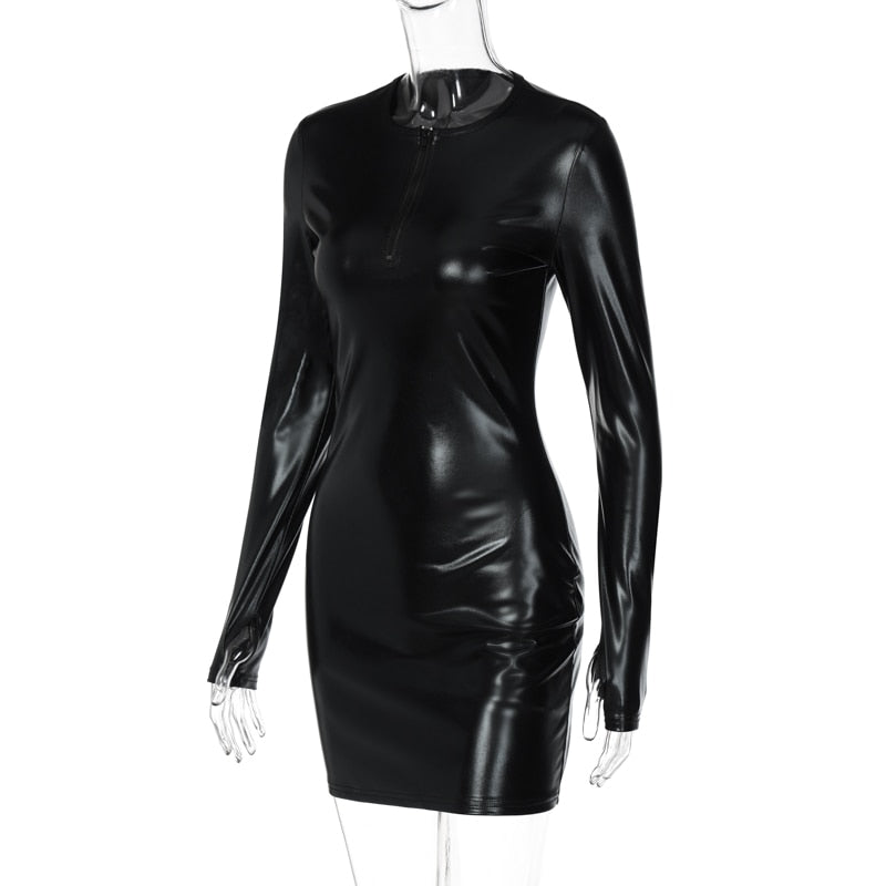 KYLIE BLACK PU LEATHER LONG SLEEVE MINI DRESS