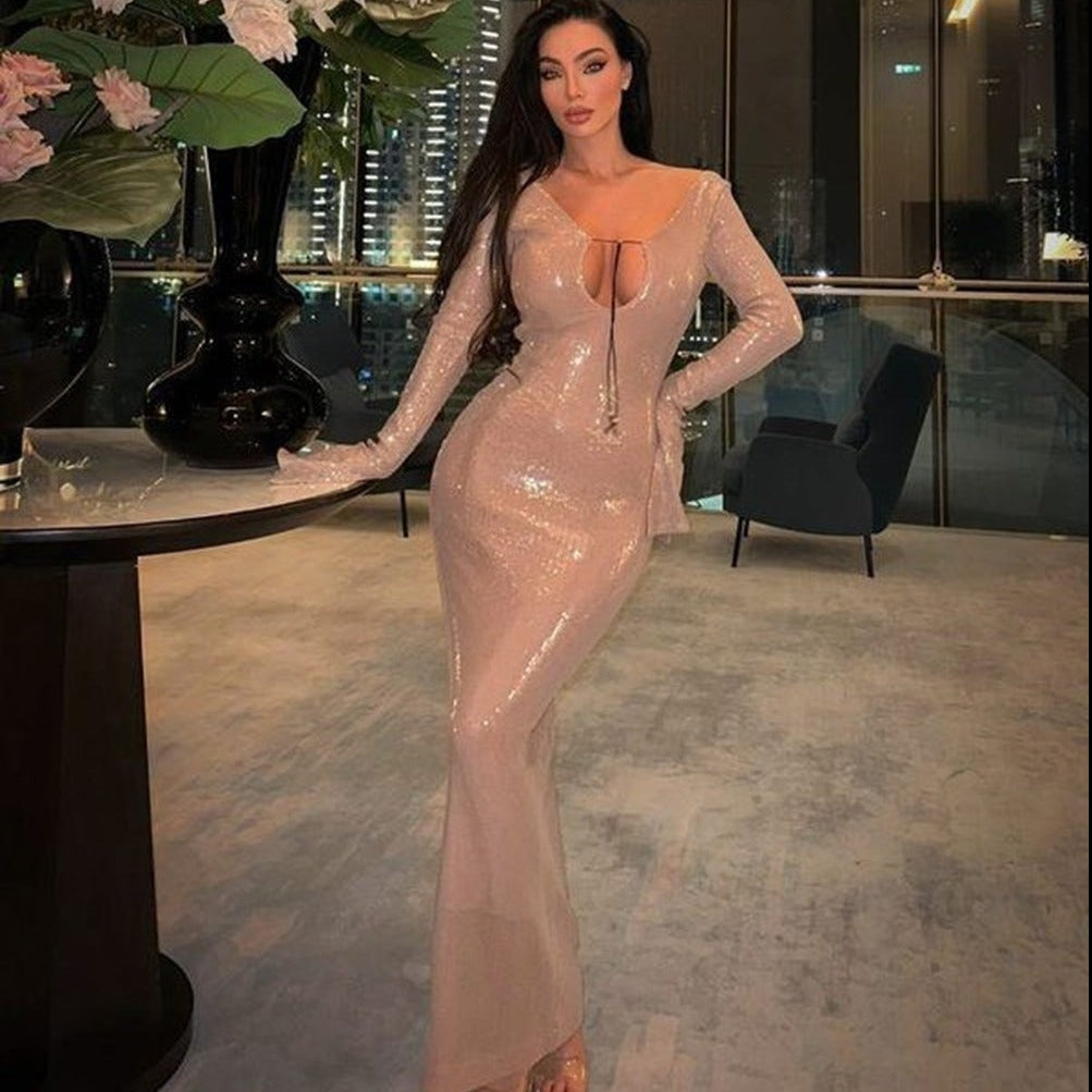 HAILEY LONG SLEEVE SEQUINS BACKLESS MIDI DRESS